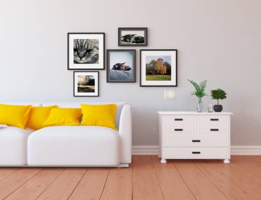 Bir İskandinav oturma odası iç kanepe, bitkiler ve ahşap zemin ile fikir. Ev nordic iç. 3D çizim 