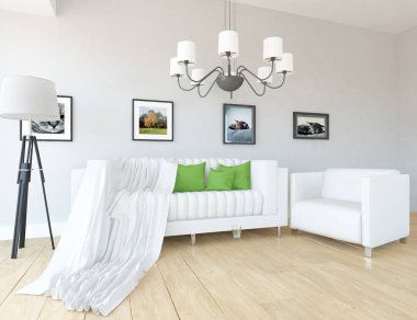 Bir İskandinav oturma odası iç kanepe ahşap zemin üzerinde ve büyük duvar dekor anlayışı. Ev nordic iç. 3D çizim - illüstrasyon