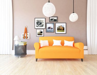 Bir İskandinav oturma odası iç kanepe ahşap zemin üzerinde ve büyük duvar dekor anlayışı. Ev nordic iç. 3D çizim - illüstrasyon