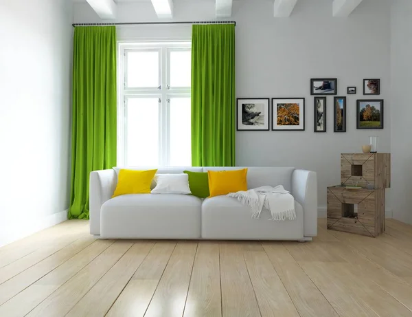 一个斯堪的纳维亚的客厅内部的想法与沙发在木地板上和装饰在大墙上 家北欧内饰 — 图库照片
