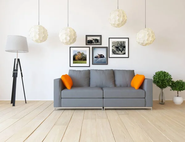 Idea of a  scandinavian living room interior with sofa ,plants and wooden floor  . Home nordic interior. 3D illustration