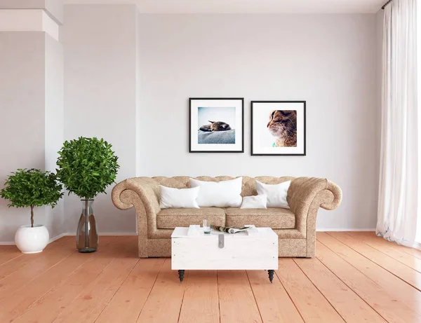 一个斯堪的纳维亚客厅内部的想法 植物和木地板 家北欧内饰 — 图库照片