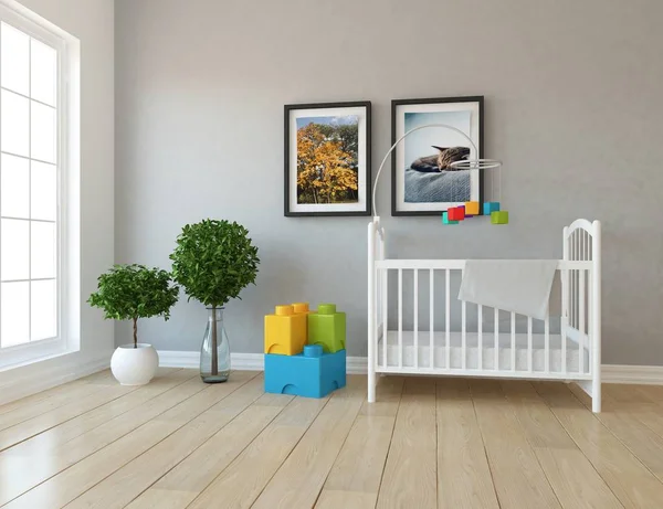 White Scandinavian Nursery Room Interior Crib Home Interior Design Illustration — Stock Photo, Image