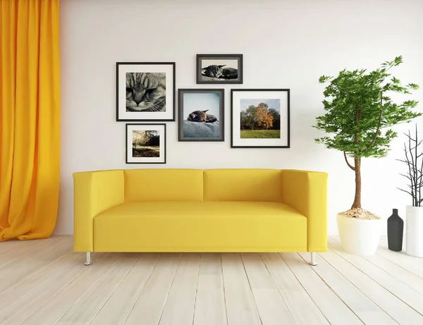 İskandinav oturma odası iç kanepe, bitki ve ahşap zemin ile fikir. Ev nordic iç. 3D çizim 