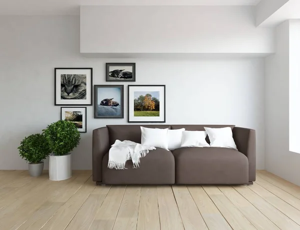 Ide Interior Ruang Tamu Skandinavia Dengan Sofa Tanaman Dan Bingkai — Stok Foto