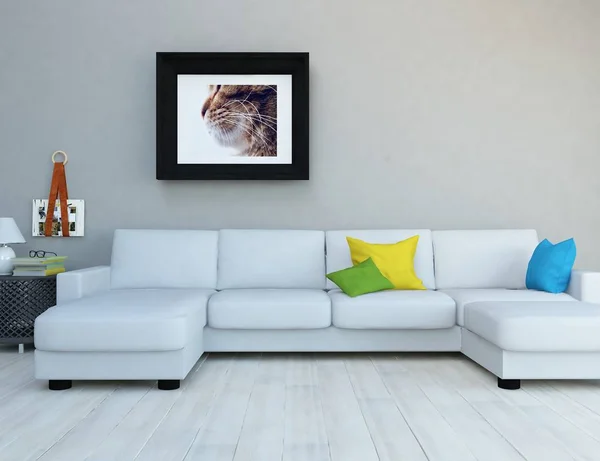 Představu Interiéru Skandinávský Obývacího Pokoje Pohovkou Dřevěnou Podlahu Výzdoba Velké — Stock fotografie