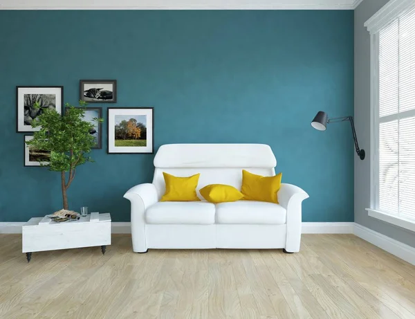 Idea of  scandinavian living room interior with sofa ,plant and wooden floor  . Home nordic interior. 3D illustration