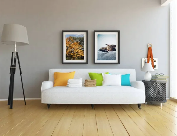 Idea Una Escandinava Sala Estar Interior Con Sofá Suelo Madera —  Fotos de Stock