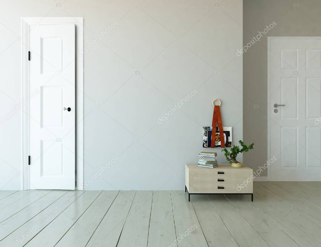 Idea of  empty scandinavian room interior with dresser on the wooden floor . Home nordic interior. 3D illustration