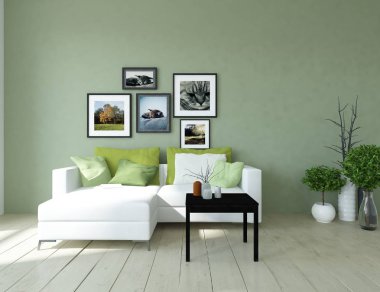 Bir İskandinav oturma odası iç kanepe, bitkiler ve ahşap zemin ile fikir. Ev nordic iç. 3D çizim 