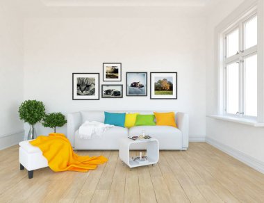 Bir İskandinav oturma odası iç kanepe, bitkiler ve ahşap zemin ile fikir. Ev nordic iç. 3D çizim 