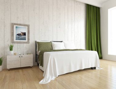 Bir beyaz İskandinav oturma odası iç yatak ve ahşap zemin düşüncesi. Ev nordic iç. 3D çizim 