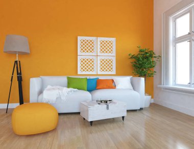 İskandinav oturma odası iç kanepe, bitki ve ahşap zemin ile fikir. Ev nordic iç. 3D çizim 