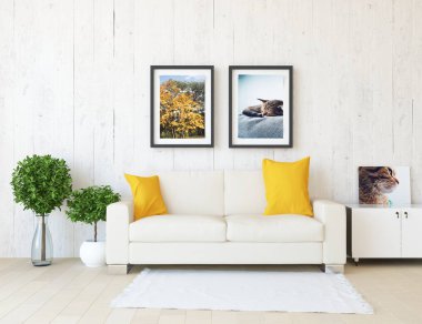 Bir İskandinav oturma odası iç kanepe, bitkiler ve ahşap zemin ile fikir. Ev nordic iç. 3D çizim 