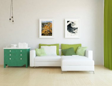 Bir İskandinav oturma odası iç kanepe ve yastıklar, ahşap zemin ve büyük duvar dekor ile fikir. Ev nordic iç. 3D çizim - illüstrasyon