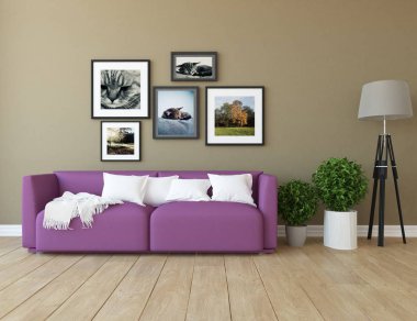 Bir İskandinav oturma odası iç kanepe, bitkiler ve ahşap zemin ile fikir. Ev nordic iç. 3D çizim 