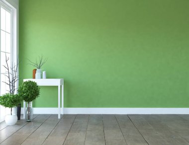 Boş İskandinav odası iç ahşap zemin üzerinde fikir. Ev nordic iç. 3D çizim