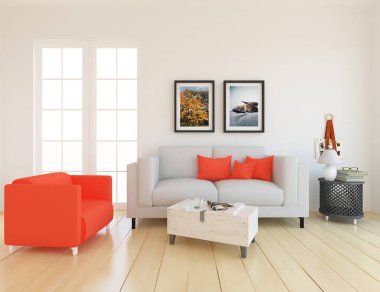 Bir İskandinav oturma odası iç kanepe ve yastıklar, ahşap zemin ve büyük duvar dekor ile fikir. Ev nordic iç. 3D çizim - illüstrasyon