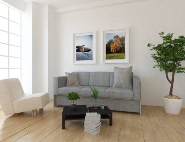 Bir İskandinav oturma odası iç kanepe, bitkiler ve ahşap zemin ile fikir. Ev nordic iç. 3D çizim 