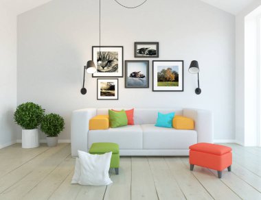 Bir İskandinav oturma odası iç kanepe, bitkiler ve ahşap zemin ile fikir. Ev nordic iç. 3D çizim 