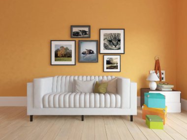 Bir İskandinav oturma odası iç kanepe ve yastıklar, ahşap zemin ve büyük duvar dekor ile fikir. Ev nordic iç. 3D çizim - illüstrasyon