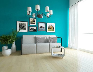 Bir İskandinav oturma odası iç kanepe, bitkiler ve ahşap zemin ile fikir. Ev nordic iç. 3D çizim 