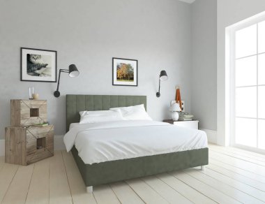 Bir beyaz İskandinav oturma odası iç yatak ve ahşap zemin düşüncesi. Ev nordic iç. 3D çizim 