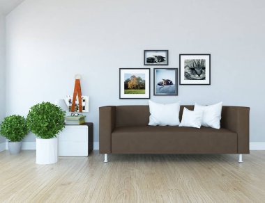 Bir İskandinav oturma odası iç kanepe, bitkiler ve ahşap zemin ile fikir. Ev nordic iç. 3D çizim 