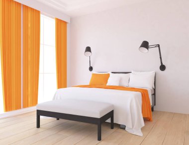 Bir beyaz İskandinav oturma odası iç yatak ve ahşap zemin düşüncesi. Ev nordic iç. 3D çizim 