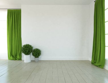 Boş İskandinav odası iç ahşap zemin üzerinde fikir. Ev nordic iç. 3D çizim