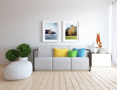 Bir İskandinav oturma odası iç kanepe, bitkiler ve ahşap zemin ile fikir. Ev nordic iç. 3D çizim 