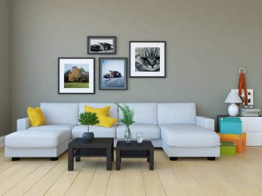 Bir İskandinav oturma odası iç kanepe, bitkiler ve ahşap zemin ile fikir. Ev nordic iç. 3D çizim 