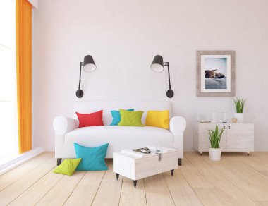 Bir İskandinav oturma odası iç kanepe, bitkiler ve ahşap zemin ile fikir. Ev nordic iç. 3D çizim 