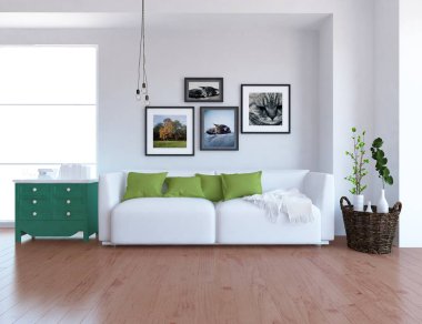 Bir İskandinav oturma odası iç kanepe, bitkiler ve ahşap zemin ile fikir. Ev nordic iç. 3D çizim 