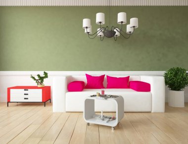 Bir İskandinav oturma odası iç kanepe, bitkiler ve ahşap zemin ile fikir. Ev nordic iç. 3D çizim 