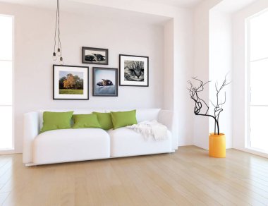 Bir İskandinav oturma odası iç kanepe ve yastıklar, ahşap zemin ve büyük duvar dekor ile fikir. Ev nordic iç. 3D çizim - illüstrasyon