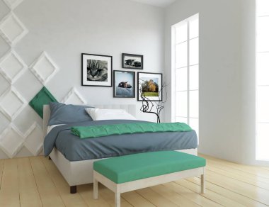 Bir beyaz İskandinav oturma odası iç yatak ve çerçeveleri ve ahşap zemin düşüncesi. Ev nordic iç. 3D çizim 