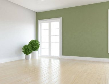 Boş İskandinav odası iç ahşap zemin üzerinde bitkiler ile fikir. Ev nordic iç. 3D çizim - illüstrasyon