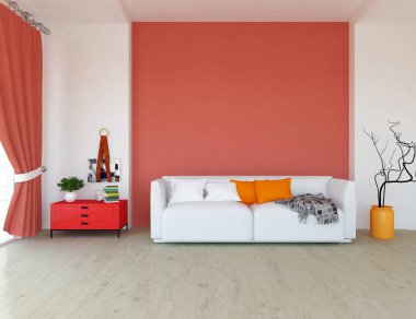 Bir beyaz İskandinav oturma odası iç kanepe ve bitki ile fikir. Ev nordic iç. 3D çizim 