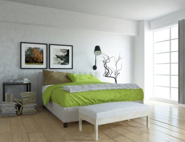 Bir beyaz İskandinav oturma odası iç yatak ve çerçeveleri ve ahşap zemin düşüncesi. Ev nordic iç. 3D çizim 