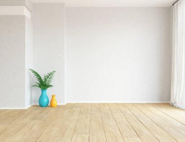 Boş İskandinav odası iç ahşap zemin üzerinde bitki ile fikir. Ev nordic iç. 3D çizim - illüstrasyon