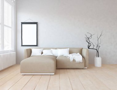 Bir İskandinav oturma odası iç kanepe ve ahşap zemin ve dekor ile fikir. Ev nordic iç. 3D çizim - illüstrasyon