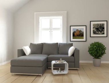 Bir beyaz İskandinav oturma odası iç kanepe ve bitki ile fikir. Ev nordic iç. 3D çizim 