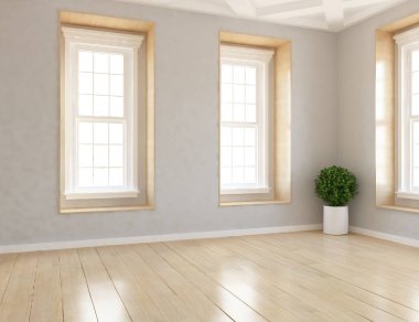 Boş İskandinav odası iç ahşap zemin üzerinde bitki ile fikir. Ev nordic iç. 3D çizim - illüstrasyon