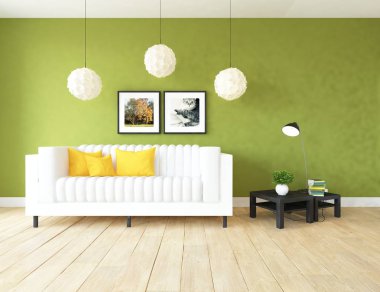 Bir beyaz İskandinav oturma odası iç kanepe ve bitki ile fikir. Ev nordic iç. 3D çizim 