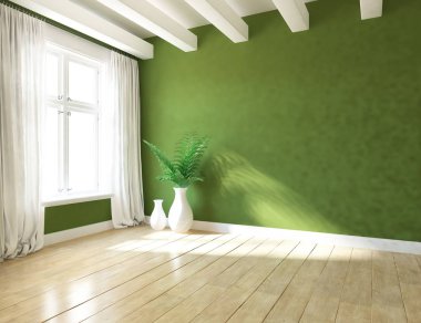 Boş İskandinav odası iç ahşap zemin üzerinde bitkiler ile fikir. Ev nordic iç. 3D çizim - illüstrasyon