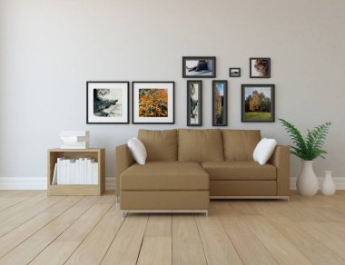 Bir beyaz İskandinav oturma odası iç kanepe ve bitki ile fikir. Ev nordic iç. 3D çizim 