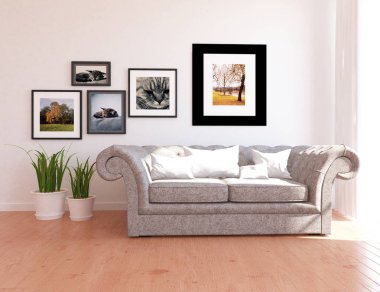 Bir beyaz İskandinav oturma odası iç kanepe, bitkiler ve ahşap zemin ile fikir. Ev nordic iç. 3D çizim 