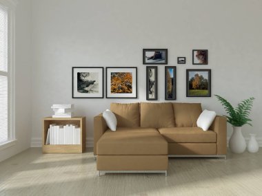 Bir beyaz İskandinav oturma odası iç kanepe ve bitki ile fikir. Ev nordic iç. 3D çizim 