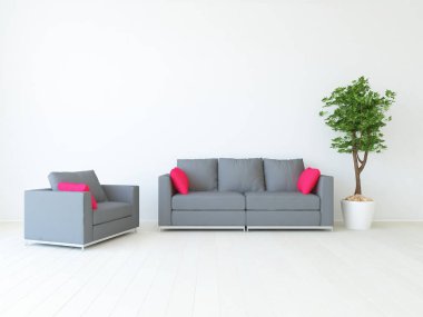 Bir beyaz İskandinav oturma odası iç kanepe ve bitki ile fikir. Ev nordic iç. 3D çizim 